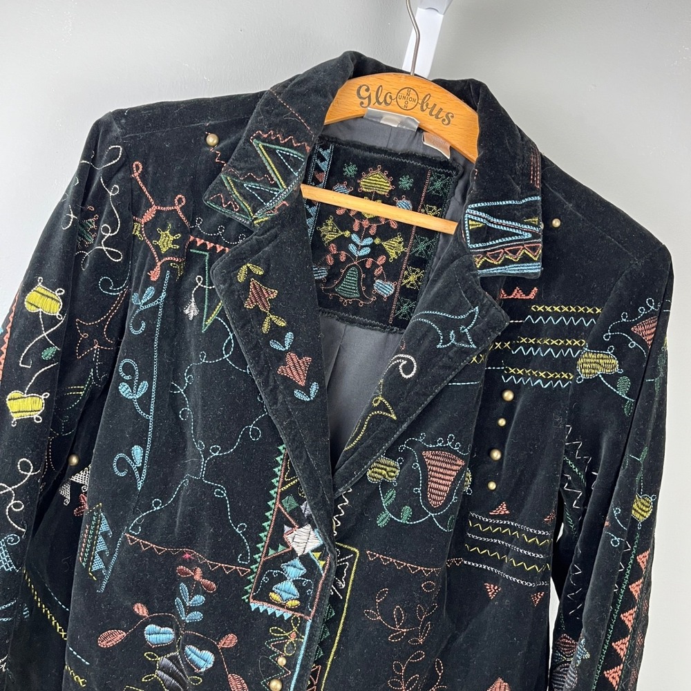 Chico's Artsy Embroidered Vintage Jacket Size 1 Womens M/8 Black Velvet Boho